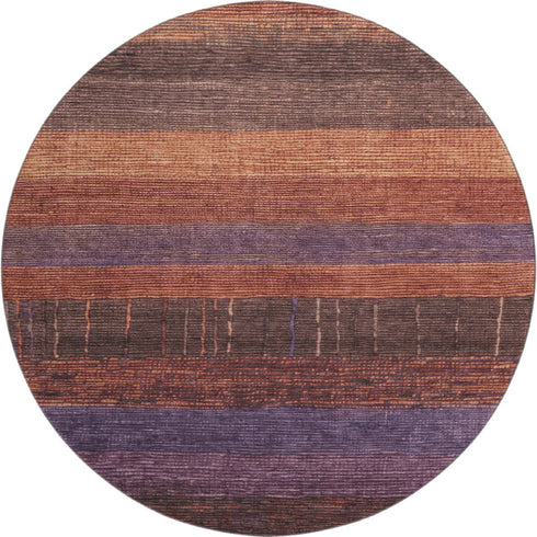 8' X 8' Rust Eggplant And Terra Cotta Striped Washable Round Rug With UV Protection