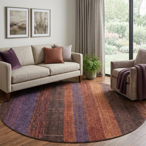 8' X 8' Rust Eggplant And Terra Cotta Striped Washable Round Rug With UV Protection