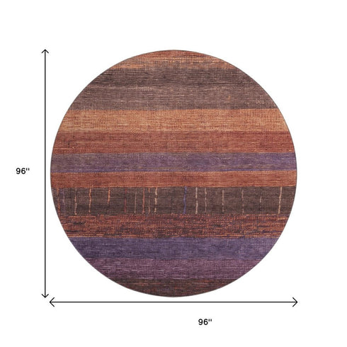 8' X 8' Rust Eggplant And Terra Cotta Striped Washable Round Rug With UV Protection
