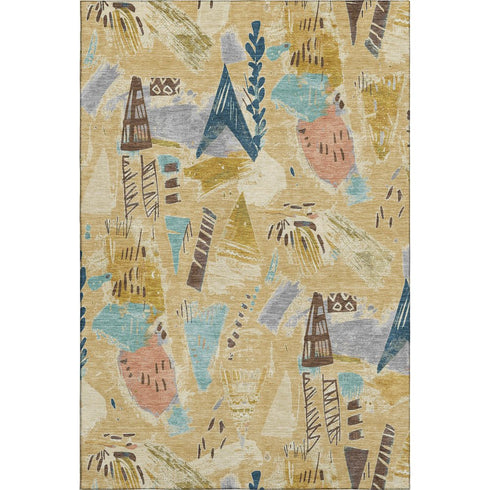 5' X 8' Gold Blue And Ivory Geometric Washable Area Rug With UV Protection