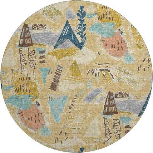 8' X 8' Gold Blue And Ivory Geometric Washable Round Rug With UV Protection