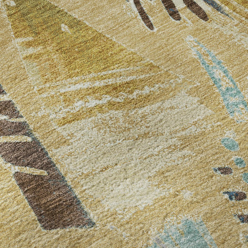 8' X 8' Gold Blue And Ivory Geometric Washable Round Rug With UV Protection