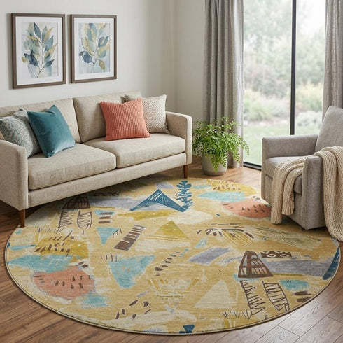 8' X 8' Gold Blue And Ivory Geometric Washable Round Rug With UV Protection