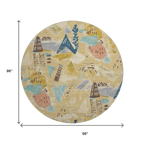 8' X 8' Gold Blue And Ivory Geometric Washable Round Rug With UV Protection