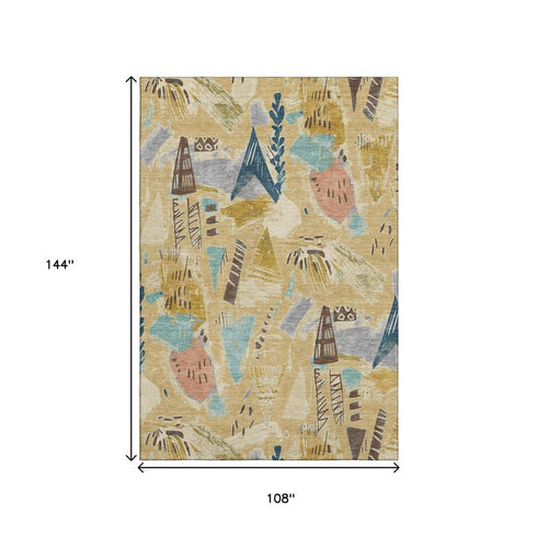 9' X 12' Gold Blue And Ivory Geometric Washable Area Rug With UV Protection
