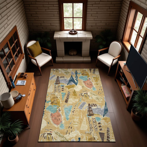 9' X 12' Gold Blue And Ivory Geometric Washable Area Rug With UV Protection