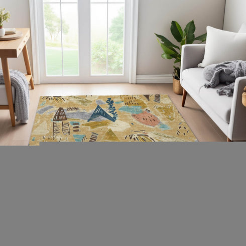 9' X 12' Gold Blue And Ivory Geometric Washable Area Rug With UV Protection