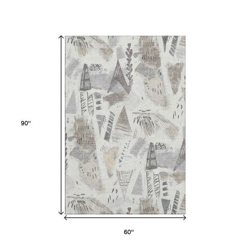 5' X 8' Linen Ivory And Gray Geometric Washable Area Rug With UV Protection