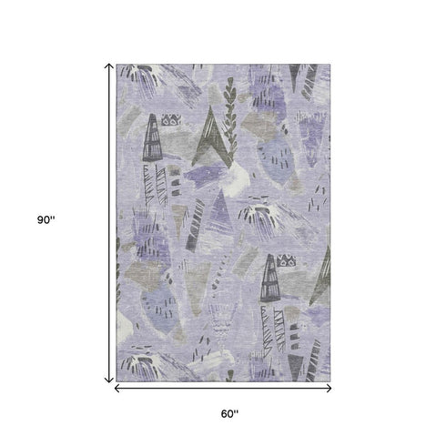 5' X 8' Lavender Ivory And Gray Geometric Washable Area Rug With UV Protection