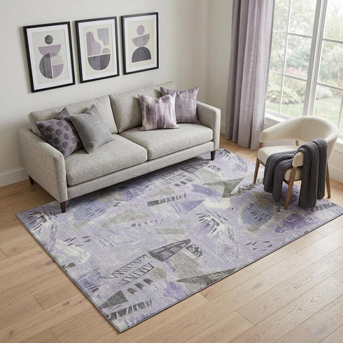 5' X 8' Lavender Ivory And Gray Geometric Washable Area Rug With UV Protection