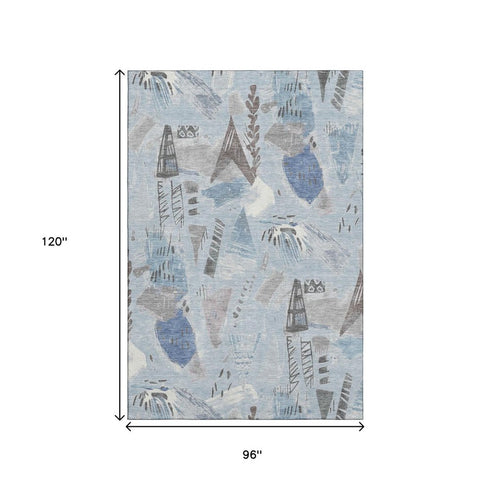 8' Sky Blue Taupe And Ivory Geometric Washable Area Rug With UV Protection