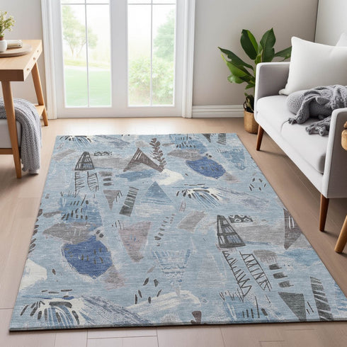 8' Sky Blue Taupe And Ivory Geometric Washable Area Rug With UV Protection