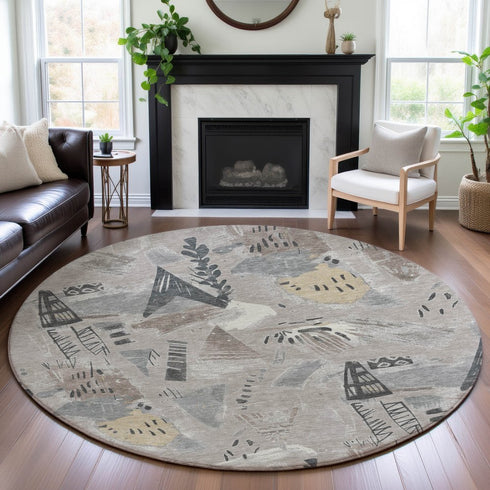 8' X 8' Taupe Beige And Gray Geometric Washable Round Rug With UV Protection