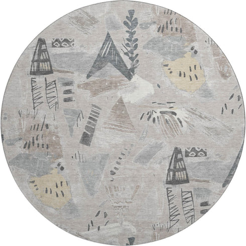 8' X 8' Taupe Beige And Gray Geometric Washable Round Rug With UV Protection