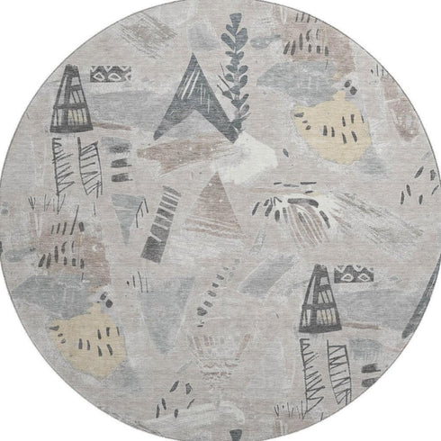 8' X 8' Taupe Beige And Gray Geometric Washable Round Rug With UV Protection