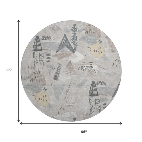 8' X 8' Taupe Beige And Gray Geometric Washable Round Rug With UV Protection