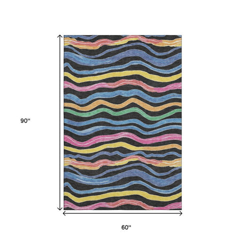 5' X 8' Black Yellow Blue And Pink Striped Washable Area Rug With UV Protection