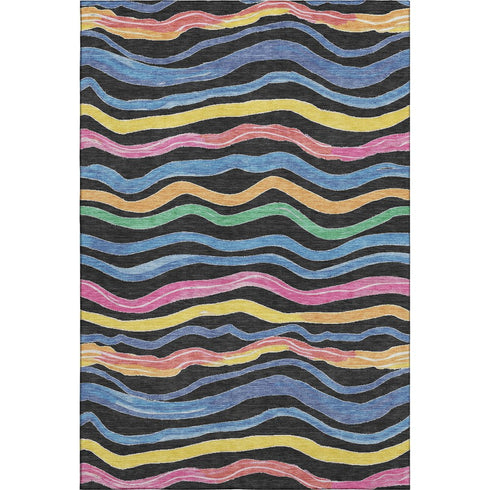 5' X 8' Black Yellow Blue And Pink Striped Washable Area Rug With UV Protection