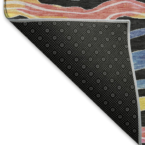 5' X 8' Black Yellow Blue And Pink Striped Washable Area Rug With UV Protection
