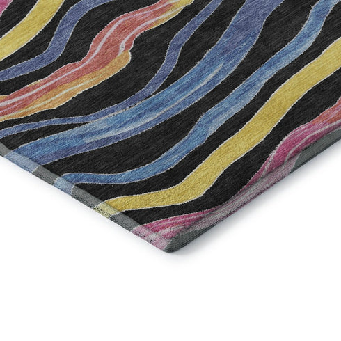 5' X 8' Black Yellow Blue And Pink Striped Washable Area Rug With UV Protection