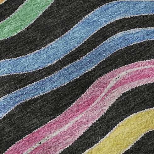 5' X 8' Black Yellow Blue And Pink Striped Washable Area Rug With UV Protection