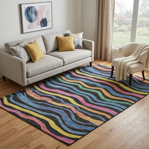 5' X 8' Black Yellow Blue And Pink Striped Washable Area Rug With UV Protection