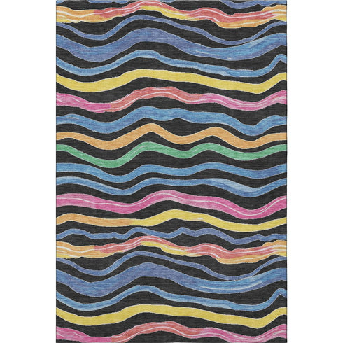 5' X 8' Black Yellow Blue And Pink Striped Washable Area Rug With UV Protection