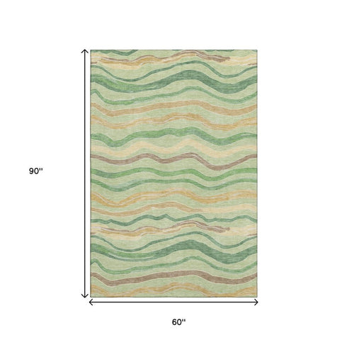 5' X 8' Green Wheat And Ivory Striped Washable Area Rug With UV Protection