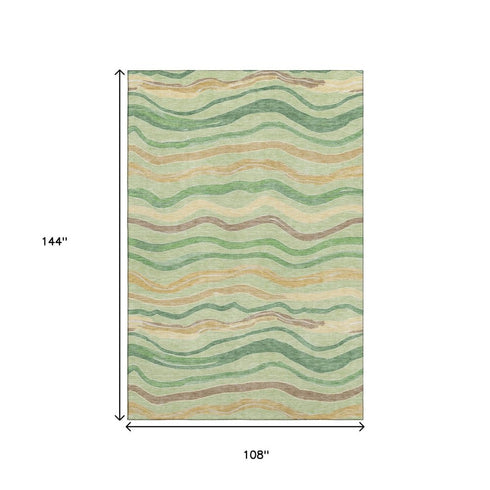 9' X 12' Green Wheat And Ivory Striped Washable Area Rug With UV Protection