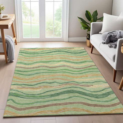 9' X 12' Green Wheat And Ivory Striped Washable Area Rug With UV Protection