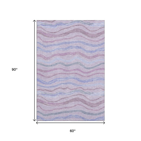 5' X 8' Lavender Ivory And Lilac Striped Washable Area Rug With UV Protection