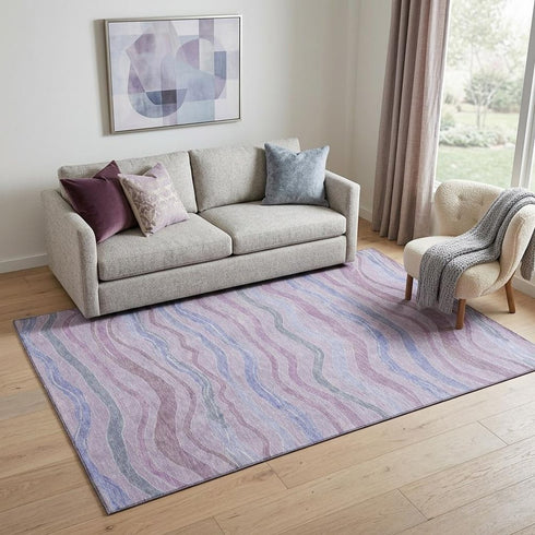 5' X 8' Lavender Ivory And Lilac Striped Washable Area Rug With UV Protection