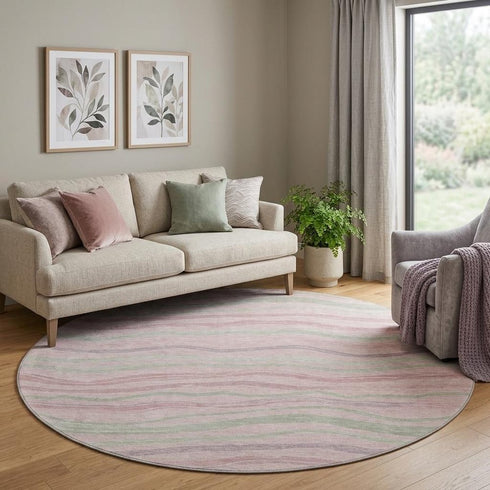 8' X 8' Pink Ivory And Mint Green Striped Washable Round Rug With UV Protection