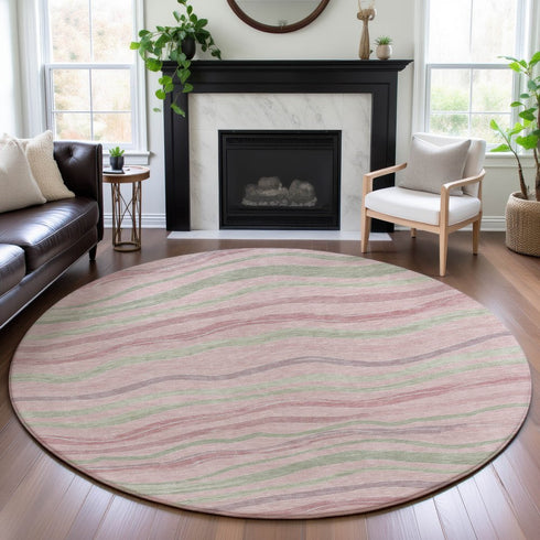 8' X 8' Pink Ivory And Mint Green Striped Washable Round Rug With UV Protection
