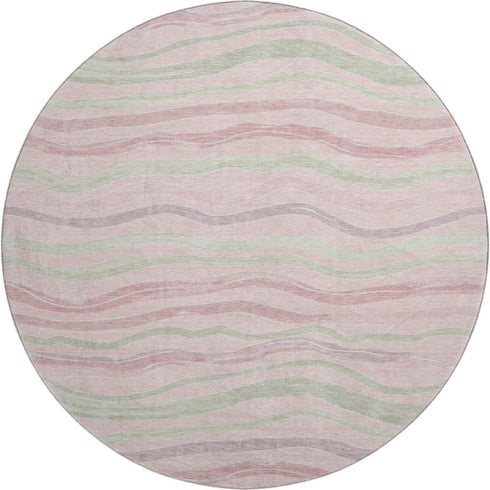 8' X 8' Pink Ivory And Mint Green Striped Washable Round Rug With UV Protection