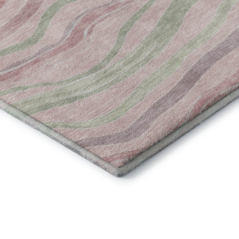 8' X 8' Pink Ivory And Mint Green Striped Washable Round Rug With UV Protection