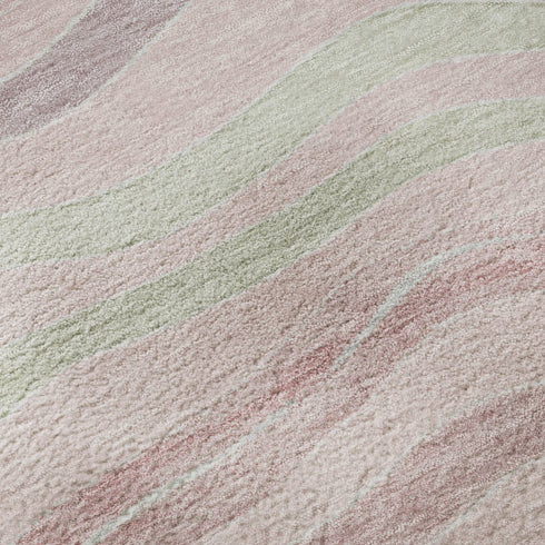 8' X 8' Pink Ivory And Mint Green Striped Washable Round Rug With UV Protection