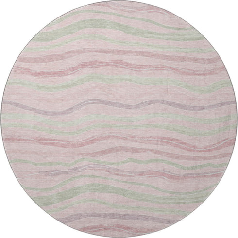 8' X 8' Pink Ivory And Mint Green Striped Washable Round Rug With UV Protection