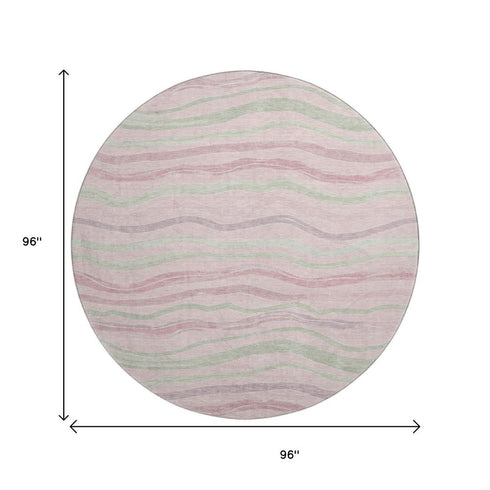 8' X 8' Pink Ivory And Mint Green Striped Washable Round Rug With UV Protection