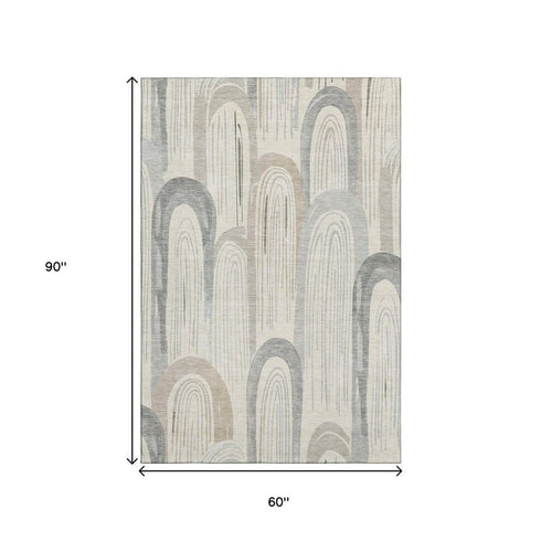 5' X 8' Beige Gray And Silver Geometric Washable Area Rug With UV Protection