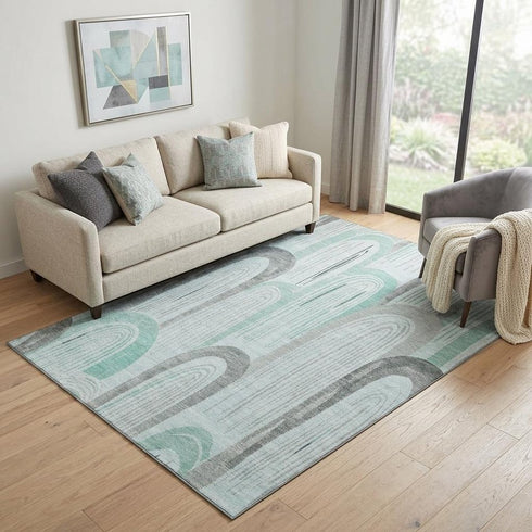 5' X 8' Pale Aqua Gray And Silver Geometric Washable Area Rug With UV Protection