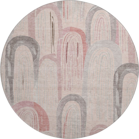 8' X 8' Salmon Gray And Silver Geometric Washable Round Rug With UV Protection
