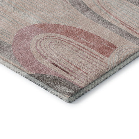 8' X 8' Salmon Gray And Silver Geometric Washable Round Rug With UV Protection