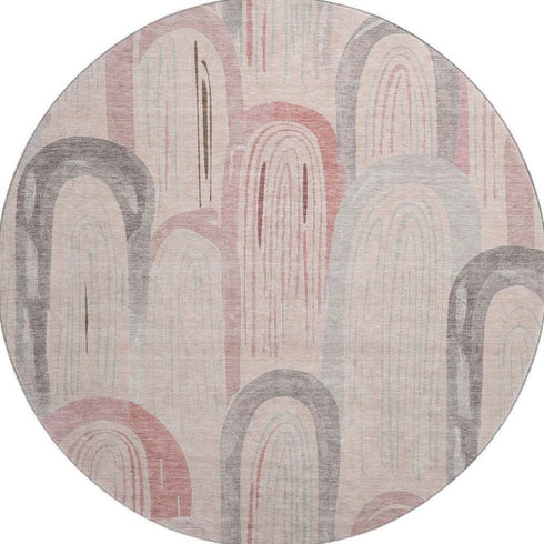 8' X 8' Salmon Gray And Silver Geometric Washable Round Rug With UV Protection