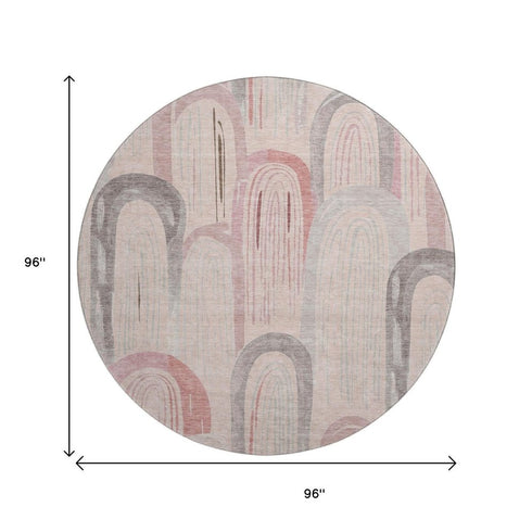 8' X 8' Salmon Gray And Silver Geometric Washable Round Rug With UV Protection