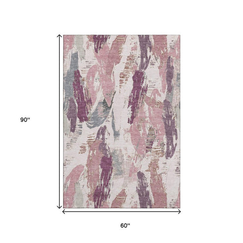5' X 8' Blush Purple And Ivory Abstract Washable Area Rug With UV Protection