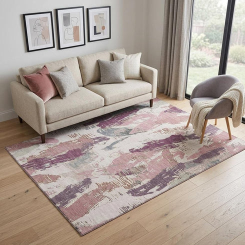 5' X 8' Blush Purple And Ivory Abstract Washable Area Rug With UV Protection
