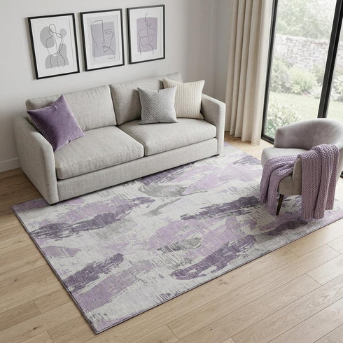 5' X 8' Lavender Ivory And Gray Abstract Washable Area Rug With UV Protection
