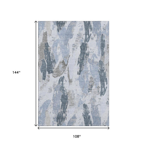 9' X 12' Sky Blue Gray And Ivory Abstract Washable Area Rug With UV Protection