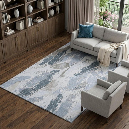 9' X 12' Sky Blue Gray And Ivory Abstract Washable Area Rug With UV Protection